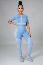 Fitness Yoga Printed Short Sleeve High Waist 2 Piece Sets LSD-9127