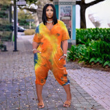 Plus Size Tie Dye V Neck Loose Capri Jumpsuit BDF-8067