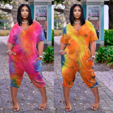 Plus Size Tie Dye V Neck Loose Capri Jumpsuit BDF-8067