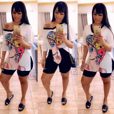 Casual Printed V Neck Split Top+Shorts 2 Piece Sets OMY-0017