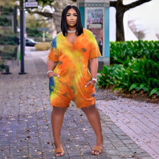 Plus Size Tie Dye V Neck Short Sleeve Loose Romper BDF-8066