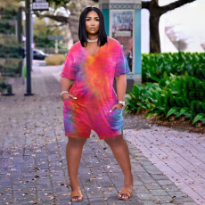 Plus Size Tie Dye V Neck Short Sleeve Loose Romper BDF-8066