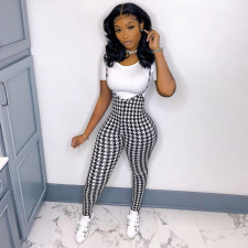 Houndstooth Print Strap Jumpsuit+T Shirt 2 Piece Sets LSD-9097
