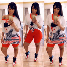Casual Printed V Neck Split Top+Shorts 2 Piece Sets OMY-0017