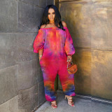 Tie Dye Slash Neck Long Sleeve Loose Jumpsuit BDF-8069