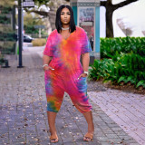 Plus Size Tie Dye V Neck Loose Capri Jumpsuit BDF-8067
