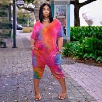 Plus Size Tie Dye V Neck Loose Capri Jumpsuit BDF-8067