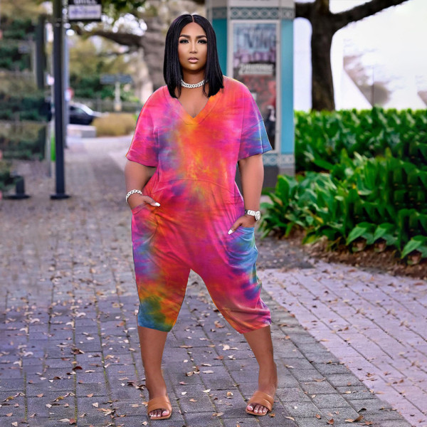 Plus Size Tie Dye V Neck Loose Capri Jumpsuit BDF-8067