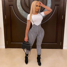 Houndstooth Print Strap Jumpsuit+T Shirt 2 Piece Sets LSD-9097