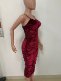 Sexy Adjustable Strap Ruched Slim Midi Dress LSD-9095