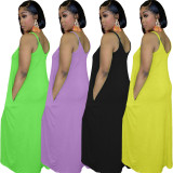 Solid Loose Spaghetti Strap Pocket Maxi Dress BLX-8006
