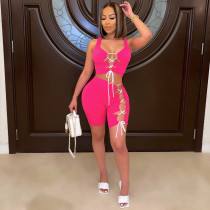 Sexy Lace Up Hollow Sleeve 2 Piece Short Sets HM-6518