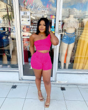 Solid One Shoulder Two Piece Short Sets FSL-146