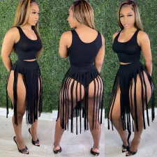 Solid Tank Top Tassel Skirt Two Piece Sets JH-236