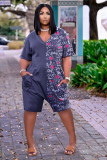 Casual Loose Prined V Neck Pocket Romper BLX-8207