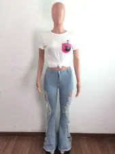 Denim Ripped Hole High Waist Flare Jeans Pants LA-3268