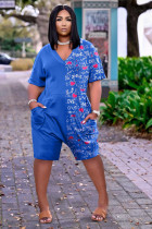 Casual Loose Prined V Neck Pocket Romper BLX-8207