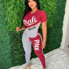 Pink Letter Print Casual Two Piece Pant Sets BLX-8007