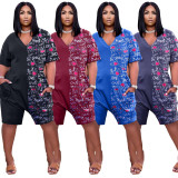 Casual Loose Prined V Neck Pocket Romper BLX-8207
