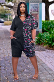 Casual Loose Prined V Neck Pocket Romper BLX-8207