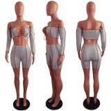 Sexy Long Sleeve Lace Up Two Piece Shorts Set LX-6891