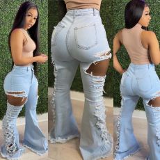 Denim Ripped Hole High Waist Flare Jeans Pants LA-3268