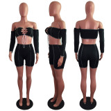 Sexy Long Sleeve Lace Up Two Piece Shorts Set LX-6891