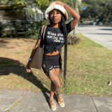 Letter Print T Shirt Lace Up Shorts 2 Piece Sets WMEF-2033