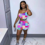 Sexy Printed One Shoulder Two Piece Short Sets WMEF-2039