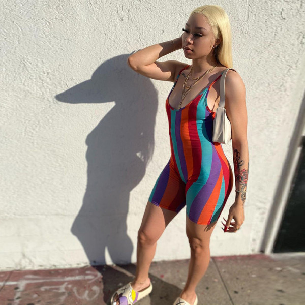Colorful Striped Strap Backless Romper WMEF-2041