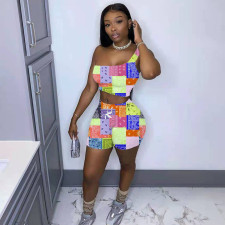 Sexy Printed One Shoulder Two Piece Short Sets WMEF-2039