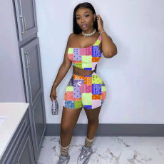 Sexy Printed One Shoulder Two Piece Short Sets WMEF-2039