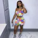 Sexy Printed One Shoulder Two Piece Short Sets WMEF-2039
