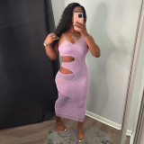 Solid Sexy Spaghetti Strap Hollow Out Midi Dress GLF-8148