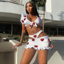 Love Shape Print Hollow Mini Skirt 2 Piece Sets WMEF-2043