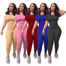 Solid Short Sleeve Tight Two Piece Pants Set TR-1135