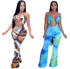 Sexy Printed Halter Backless Flared Jumpsuits LSL-6359