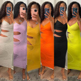 Solid Sexy Spaghetti Strap Hollow Out Midi Dress GLF-8148