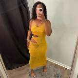 Solid Sexy Spaghetti Strap Hollow Out Midi Dress GLF-8148