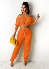 Solid Slash Neck Short Sleeve Two Piece Pant Sets TR-1137