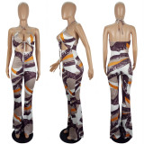 Sexy Printed Halter Backless Flared Jumpsuits LSL-6359