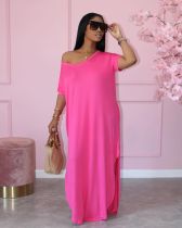 Solid V Neck Split Loose Maxi Dress JRF-3613