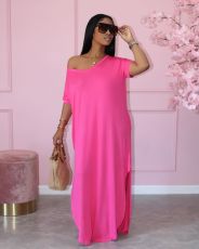 Solid V Neck Split Loose Maxi Dress JRF-3613