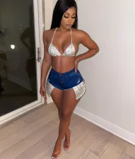 Denim Sexy Sequied Pocket Bodycon Jeans Shorts YD-8375