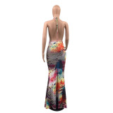 Sexy Printed Backless Mermaid Maxi Dress QSF-5080