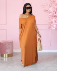 Solid V Neck Split Loose Maxi Dress JRF-3613
