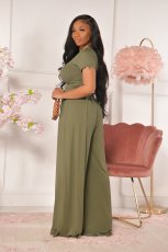 Casual Solid Short Sleeve Wide Leg Pants Set YD-8381