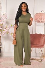 Casual Solid Short Sleeve Wide Leg Pants Set YD-8381