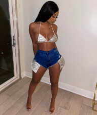 Denim Sexy Sequied Pocket Bodycon Jeans Shorts YD-8375