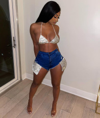 Denim Sexy Sequied Pocket Bodycon Jeans Shorts YD-8375